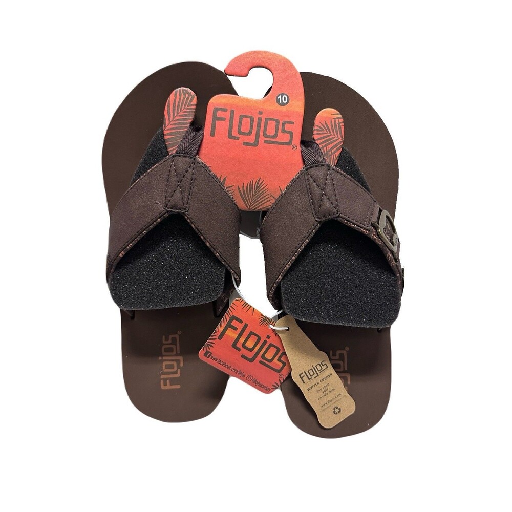 NEW Flojos Mens Size 10 Estiler Lite Bottle Opener Brown Faux Leather Flip Flops